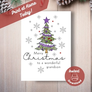 Afdrukbare kleinzoon kerstkaart, instant digitale download print thuis, een prachtige kleinzoon vrolijk kerstfeest sneeuwvlokken illustratie