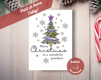 May include: Printable Christmas card featuring a green and purple Christmas tree with a purple star on top. The card says "Merry Christmas to a wonderful grandson".