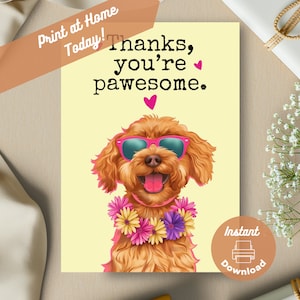 Tarjeta de agradecimiento divertida con diseño de Golden Doodle para imprimir, descarga instantánea para imprimir en casa, saludo con un perro feliz con gafas de sol y un juego de palabras divertido para agradecer a su perro