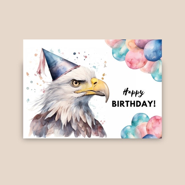 Bald Eagle Birthday Card With Party Hat, Happy Birthday, Eagle Gift, Patriotic Birthday, Animal Greeting Card, Watercolor Art Illustration