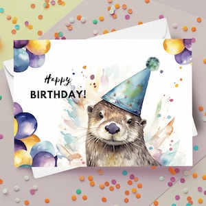 カワウソの誕生日カード、パーティーハット、誕生日おめでとう、かわいいカワウソのギフト、水族館の誕生日、海の生き物のグリーティングカード、水彩イラスト