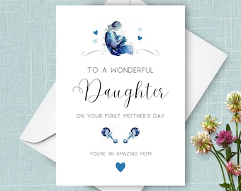 Tarjeta del primer día de la madre para hija, tarjeta de madre e hija para su primer día de la madre