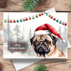 Mops Weihnachtskarte, lustige Weihnachtsmütze, frohe Weihnachten vom Mops Geschenk, Haustierporträt in einer verschneiten winterlichen Szene, Aquarell Kunst Illustration