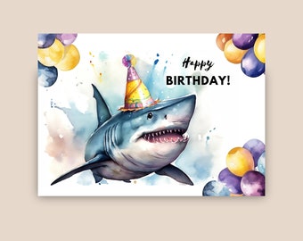 Tarjeta de cumpleaños de tiburón, sombrero de fiesta, feliz cumpleaños, gran regalo de tiburón blanco, cumpleaños del acuario, tarjeta de felicitación de vida marina, ilustración de acuarela