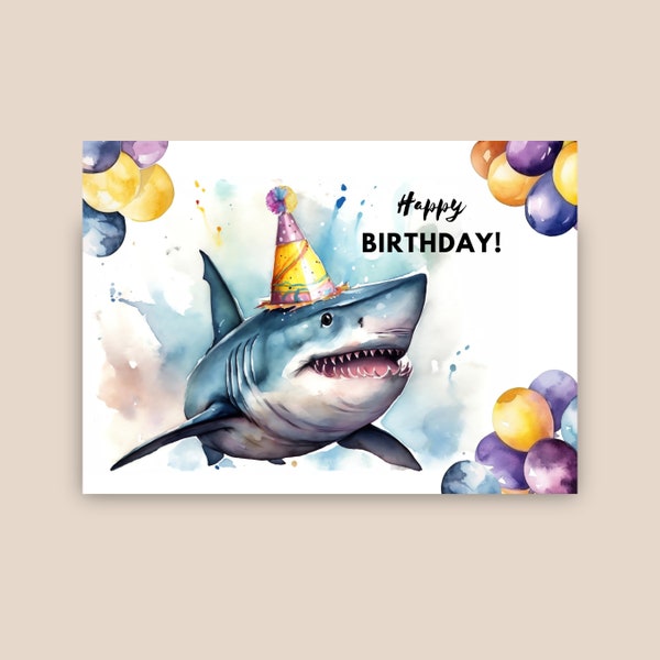 Shark Birthday Card, Party Hat, Happy Birthday, Great White Shark Gift, Aquarium Birthday, Sea Life Greeting Card, Watercolor Illustration