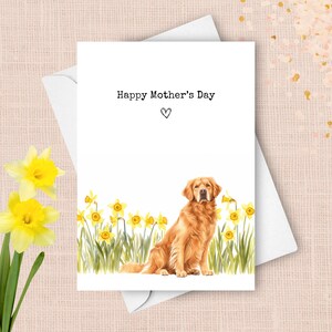 Golden Retriever Muttertagskarte, vom Haustierhund Alles Gute zum Muttertag Gruß, Gelbe Narzissen Geschenk für Mama Frühlingsblumen Aquarell Geschenk