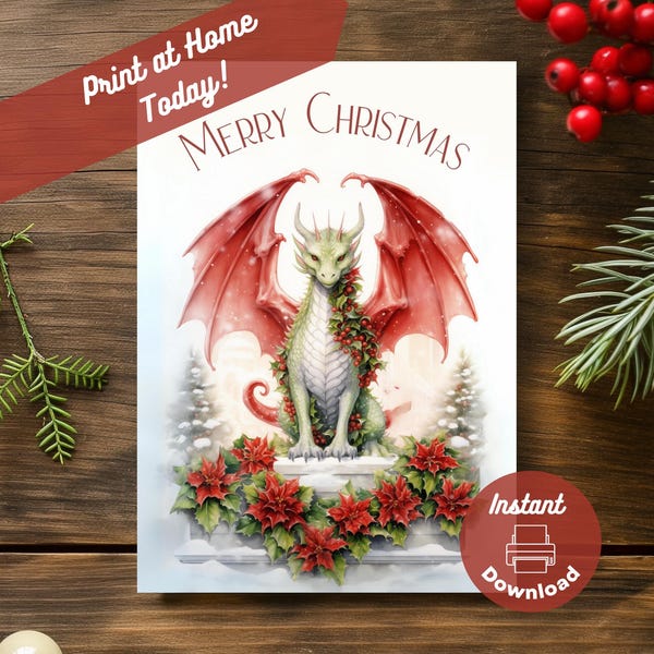 Printable Dragon Christmas Card, Instant Digital Download Print at Home Card, Mythical Fantasy Christmas Card, Watercolor Art Illustration