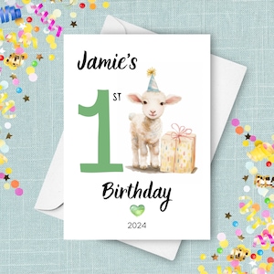 Carte de premier anniversaire d'agneau, cadeau d'un an, joli bébé mouton, cadeau personnalisé avec nom personnalisé, carte de 1er anniversaire aquarelle avec animaux de la ferme