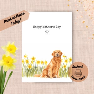 Tarjeta imprimible para el Día de la Madre con un Golden Retriever. Descarga instantánea. Imprime en casa. Regalo de narcisos para mamá. Flores de primavera en acuarela.