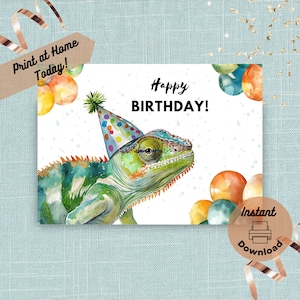 Puede incluir: Tarjeta de cumpleaños imprimible con un camaleón verde que lleva un gorro de fiesta colorido. El camaleón está rodeado de globos coloridos y el texto "¡Feliz cumpleaños!" está impreso en la tarjeta.