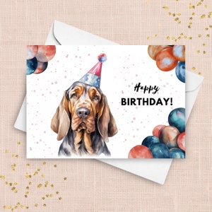Karta urodzinowa Bloodhound, czapka urodzinowa i balony, prezenty o tematyce Bloodhound, prezent dla psa, portret z akwarelową ilustracją