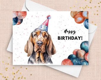 Bloodhound Birthday Card, Happy Birthday Party Hat And Balloons, Bloodhound Themed Gifts, Pet Dog Gift, Watercolor Illustration Portrait