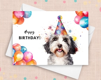 Tarjeta de cumpleaños para perro Havanés, gorro de fiesta y globos de feliz cumpleaños, regalos para perros Havanés, regalo para mamá de perro Havanés, ilustración en acuarela