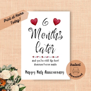 Tarjeta imprimible de sexto aniversario, descarga instantánea, para imprimir en casa, regalo de medio año para novio, seis meses juntos