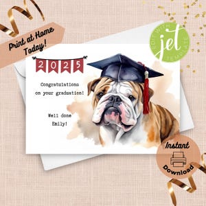 Tarjeta de graduación de bulldog personalizada e imprimible, plantilla editable para imprimir en casa, mascota de la escuela secundaria y la universidad con nombre personalizado para felicitaciones de 2025