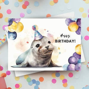 Carte d'anniversaire de phoque, chapeau de fête, joyeux anniversaire, cadeau de phoque gris, anniversaire d'aquarium, carte de voeux de vie marine, illustration d'aquarelle