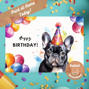 Cartão de aniversário de buldogue francês para impressão, download digital instantâneo, cartão para impressão em casa, presente de buldogue francês, retrato de buldogue francês em aquarela