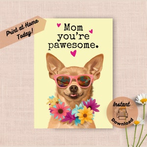 Cartão de Dia das Mães para Chihuahua para imprimir, download instantâneo, impressão em casa, presente engraçado e incrível para a mãe, cachorro feliz com óculos de sol