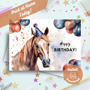 Biglietto di auguri di compleanno a forma di cavallo stampabile, download immediato, stampa a casa, regalo a forma di cavallo, biglietto di auguri di compleanno a forma di animale da fattoria, arte ad acquerello
