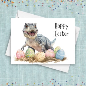 Carte de Pâques dinosaure, voeux de T. Rex et oeufs de Pâques pastel, cadeau dinosaure tyrannosaure rugissant, cadeau panier de Pâques aquarelle féroce