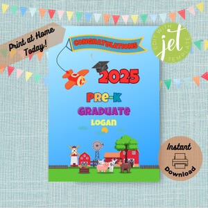 Carte imprimable de remise des diplômes de maternelle, modèle modifiable à imprimer à la maison, nom personnalisé de félicitations de pré-maternelle, animaux de la ferme et avion