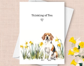Beagle Thinking of You Card, Pet Beagle Dog Sending Cheer Love Greeting, Yellow Daffodils Sympathy Gift, Spring Flowers Watercolor Present