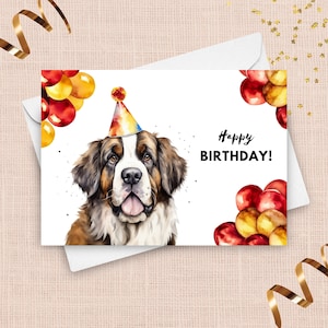 Tarjeta de cumpleaños del perro de San Bernardo, sombrero y globos de fiesta de cumpleaños, retrato de San Bernardo, de regalo de perro mascota, ilustración colorida de la acuarela