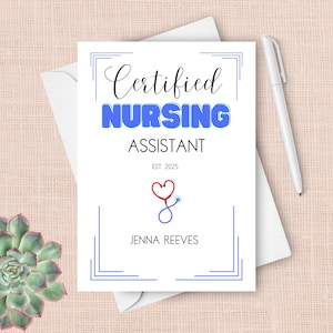 Tarjeta de graduación de CNA, tarjeta de felicitación personalizada de 2025 para asistente de enfermería certificado, regalo de graduación del programa de enfermería.