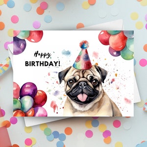 Mopshond verjaardagskaart, gelukkige verjaardagsfeestje hoed en ballonnen, van huisdier hond cadeau, dier thema feestelijke kaart kleurrijke aquarel kunst illustratie