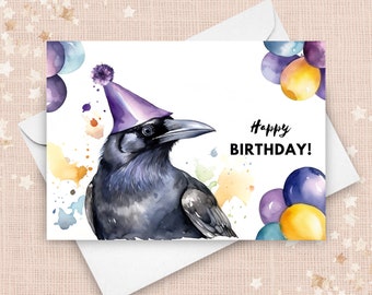 Raven Birthday Card - Black Raven With Balloons And Party Hat, Bird Gift, Woodland Nature Animal Gift, Raven Watercolor Illustration