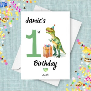 Cartão de primeiro aniversário de dinossauro, presente de um ano, lindo presente personalizado T. Rex com nome personalizado, tiranossauro aquarela de primeiro aniversário