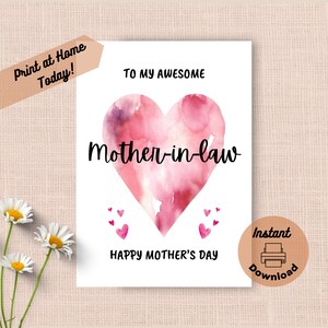 Tarjeta imprimible para el Día de la Madre para suegra, descarga instantánea, impresión en casa, saludo de corazón rosa, regalo femenino en acuarela rosa pastel.