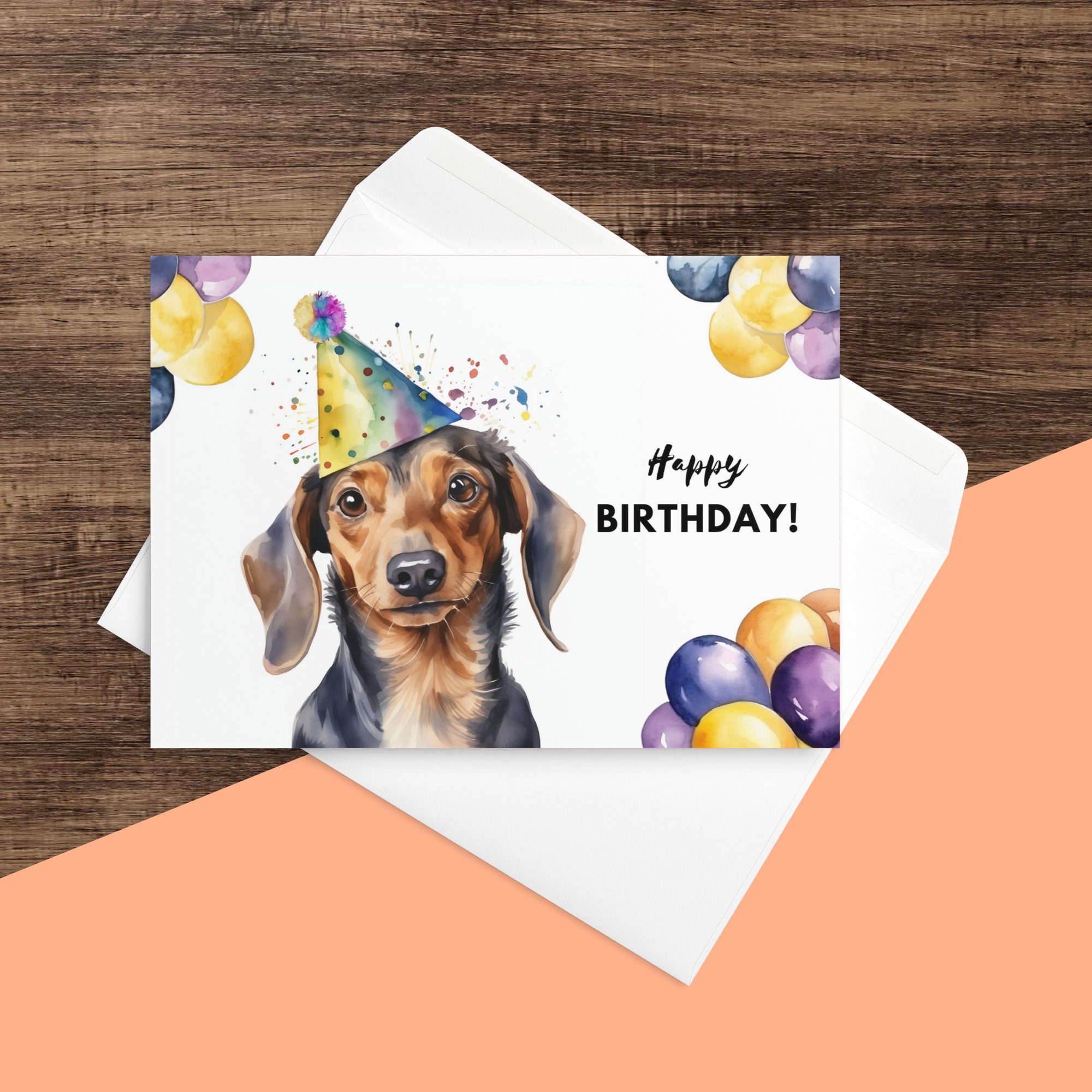 Dachshund Birthday Card, Happy Birthday Party Hat and Balloons ...