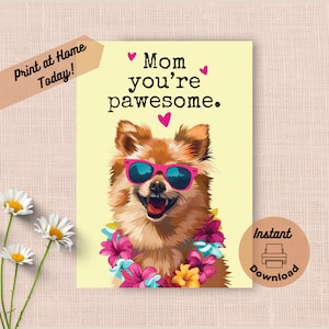 Cartão de Dia das Mães da Pomerânia para impressão, download instantâneo, impressão em casa, presente engraçado e incrível para a mãe, óculos de sol da Pomerânia felizes, presente