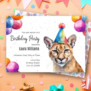 Modèle numérique modifiable d'invitation de fête d'anniversaire de lion des montagnes, impression à la maison, invitation d'anniversaire de couguar, fête d'illustration d'aquarelle de puma
