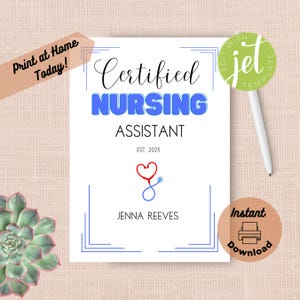 Tarjeta de graduación de auxiliar de enfermería certificado (CNA) personalizada e imprimible, plantilla editable para imprimir en casa, regalo de graduación del programa de auxiliar de enfermería certificado.