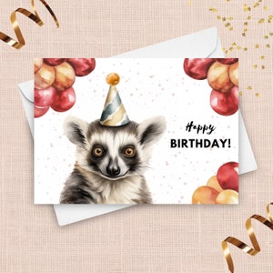 Lemur Birthday Card, Happy Birthday Party Hat And Balloons, Ring Tailed Lemur Gifts, Primate Zoo Animal Theme Party, Watercolor Illustration