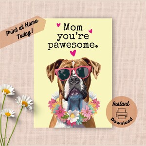 Cartão de dia das mães para cachorro boxer para impressão, download instantâneo, impressão em casa, presente engraçado e pungente para a mãe, cachorro feliz com óculos de sol, presente