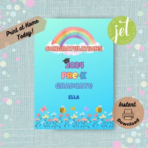 Carte de remise des diplômes pré-scolaire imprimable, modèle modifiable à imprimer à la maison, félicitations pour la pré-maternelle personnalisées avec nom, fleurs et abeilles