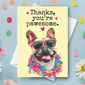 Lustige französische Bulldogge Dankeskarte, Haustierhund danke humorvolle Wortspielgruß, benutzerdefinierter Name personalisiertes Geschenk, glückliche Frenchie Sonnenbrille vorhanden