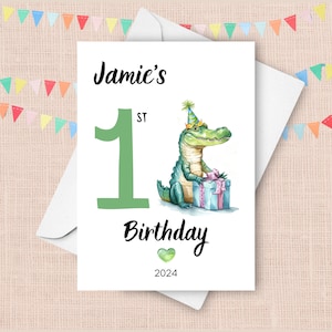 Carte premier anniversaire alligator, cadeau d'un an, joli cadeau personnalisé alligator avec nom personnalisé, carte 1er anniversaire aquarelle animaux de la ferme