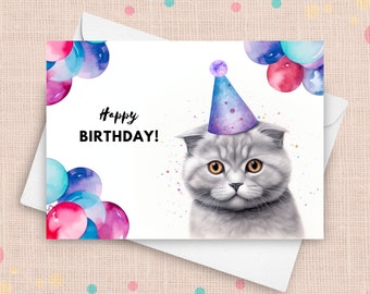 Scottish Fold Cat Birthday Card, Birthday Party Hat And Balloons, Gray Cat Portrait, From Pet Cat Gift, Colorful Watercolor Illustration