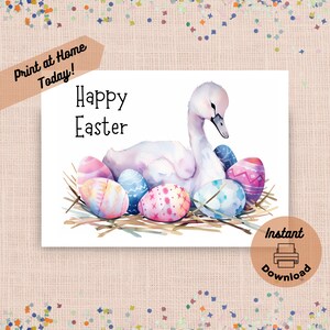 Biglietto di Pasqua con cigno stampabile, download immediato, stampa a casa, uova di Pasqua, saluto carino con cigno, regalo di cestino di Pasqua con animali da fattoria ad acquerello