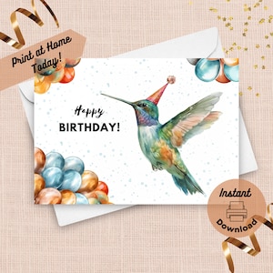 Cartão de aniversário de beija-flor para impressão, download instantâneo, cartão para imprimir em casa, ilustração em aquarela de pássaro de jardim iridescente verde e azul