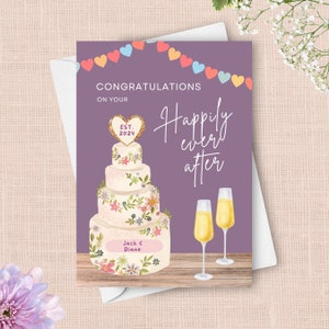 Personalisierte Happly Ever After Hochzeitskarte, Hochzeitstorte Champagner Toast Glückwunschgeschenk, Lila Benutzerdefinierte Paarnamen & Heiratsdatum