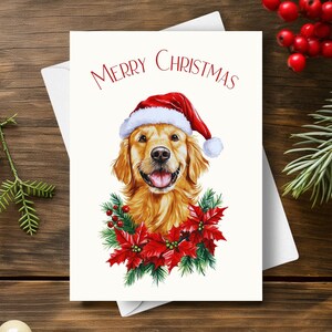Cartão de Natal Golden Retriever, usando um chapéu de Papai Noel e guirlanda de poinsétia vermelha, retrato de cachorro, presente de feriado para animais de estimação, ilustração de arte em aquarela