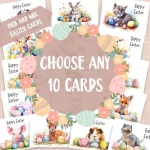 Pacote de cartões de Páscoa, escolha qualquer 10, pacote múltiplo de escolha e mistura, animais bebês, saudação de ovos de Páscoa em tons pastel, presente adorável de cesta de Páscoa em aquarela