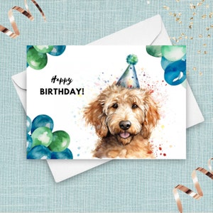 Golden Doodle Dog Birthday Card, Birthday Party Hat And Balloons, Goldendoodle Portrait, From Pet Dog Gift, Colorful Watercolor Illustration