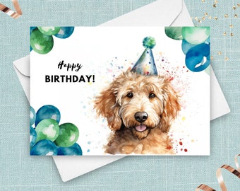 Golden Doodle Dog Birthday Card, Birthday Party Hat And Balloons, Goldendoodle Portrait, From Pet Dog Gift, Colorful Watercolor Illustration