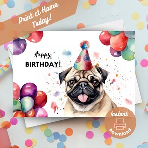 Printable Pug Birthday Card, Instant Digital Download Print at Home ...